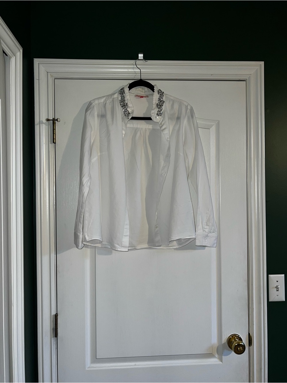 English Laundry White Beaded Ruffle Collar Long Sleeve Button Up Blouse Large